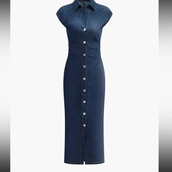 NWT COMMENSE V-Neck Navy Denim Button Down Sleeveless Midi Dress XS - Picture 7 of 8